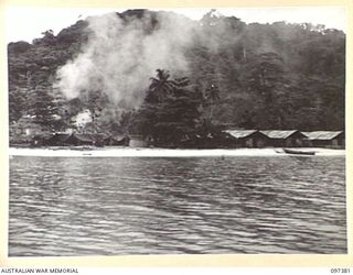 FAURO ISLAND, BOUGAINVILLE AREA. 1945-09-29. A GENERAL VIEW OF THE CAMP SITE AT KARIKI, THE AUSTRALIAN GARRISON HEADQUARTERS FOR THE SUPERVISION OF JAPANESE TROOPS CONCENTRATED ON FAURO ISLAND. THE ..