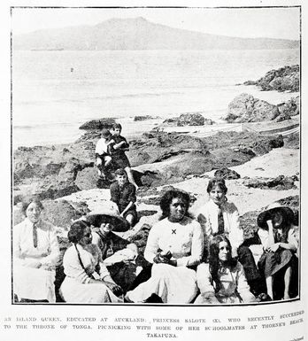 An island queen, educated at Auckland: Princess Salote (x), who recently succeeded to the throne of Tonga, picnicking with some of her schoolmates at Thorne's Beach, Takapuna