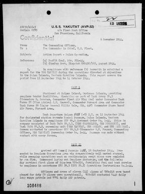 USS YAKUTAT - Rep of ops In the Palau Is Area, 9/16/44 -10/14/44