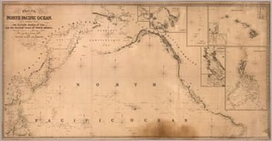 Chart of the North Pacific Ocean, Exhibiting the Eastern Shores of Asia and the Western Coast of North America from the Equator to Behring's Strait with Plans, on an Enlarged Scale, of the Principal Islands and Harbours. Compiled from the most Recent Surveys made by order of the British, French, and United States Governments. London. Published by James Imray. Chart and Nautical Bookseller, 102 Minores, 1849. (insets) Sandwich Islands (Hawaii); Philippine Islands; Harbor of San Francisco; Victoria Harbor; Mouth of the Columbia River; Marian or Ladrone Islands; Awatska Harbor in Kamchatka.