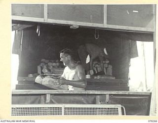 TOROKINA, BOUGAINVILLE ISLAND, 1945-01-05. VX107627 DRIVER J.F. WALSH, 223RD SUPPLY DEPOT PLATOON LOADING BREAD AT THE 13TH FIELD BAKING PLATOON FOR DELIVERY TO THE 11TH INFANTRY BRIGADE