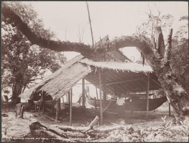 A man standing in the canoe house at Regi, Ysabel, Solomon Islands, 1906 / J.W. Beattie