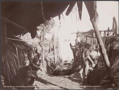 Men and boys at the mens landing place of Ferasiboa, Malaita, Solomon Islands, 1906 / J.W. Beattie
