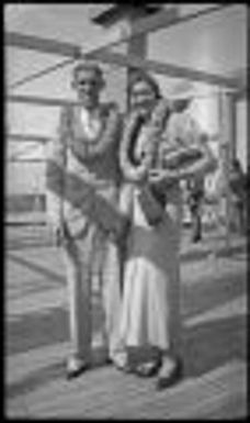 Bob and Frances Musselman on board the Lurline upon arrival at Honolulu