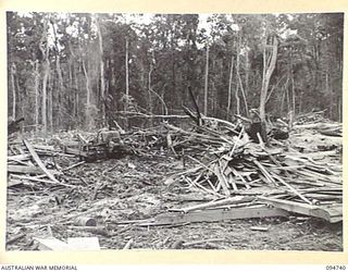 YALU AREA, NEW GUINEA, 1945-07-30. SIDE CUTS FROM THE SAWMILL OPERATED BY 2/1 FORESTRY COMPANY, ROYAL AUSTRALIAN ENGINEERS, BEING REMOVED BY TRACTOR