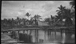 Stilted walkway over water, and houses in a village in Gulf Province