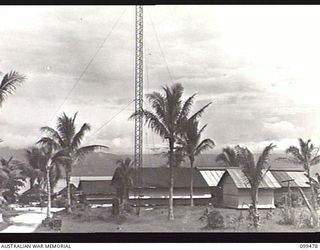 JACQUINOT BAY, NEW BRITAIN, 1945-11-20. THE AUSTRALIAN ARMY AMENITIES SERVICE BROADCASTING STATION 9AE - EXTERIOR VIEW