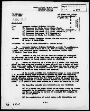 COMCRUDIV 13 - Act Rep, Period 3/26/44 to 4/6/44, Strikes on Palau, Yap and Woleai