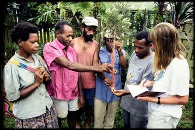 Viv Whitaker with local people and Metrosideros