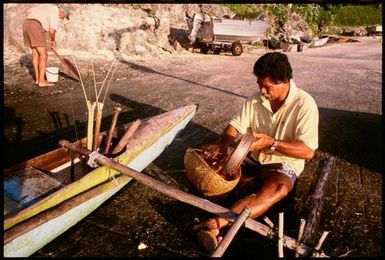Man with outrigger canoe, Niue