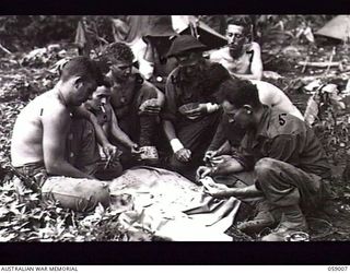 DUMPU, NEW GUINEA. 1943-10-15. MEMBERS OF THE 2/27TH AUSTRALIAN INFANTRY BATTALION PLAYING POKER AND USING JAPANESE MONEY WHICH THEY OBTAINED IN AN ATTACK ON TREVOR'S RIDGE. SHOWN: SX31562 PRIVATE ..