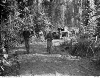BOUGAINVILLE. 1945-03-31. A MATILDA TANK OF B SQUADRON, 2/4 ARMOURED REGIMENT, SUPPORTED BY 25 INFANTRY BATTALION TROOPS, ADVANCING ALONG THE BUIN ROAD DURING THE MOVE FORWARD TO THE HONGORAI ..