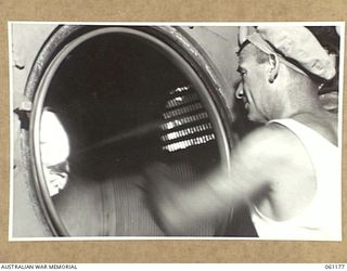 17 MILE, PORT MORESBY AREA, NEW GUINEA. 1943-12-04. VX8456 PRIVATE A. J. BUCKLEY OF THE 9TH AUSTRALIAN DIVISION MOBILE LAUNDRY OPERATING A TUMBLER DRYER