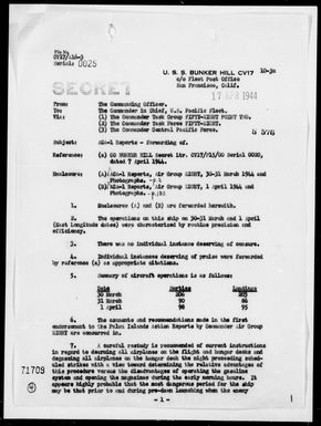 BUNKER HILL - Rep Of Ops Against Palau Is, 3/30-31/44 & Woleai Is, 4/1/44