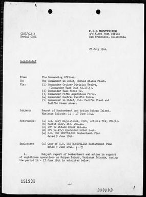 USS MONTPELIER - Report of bombardments of Saipan Island, Marianas, 6/14-17/44