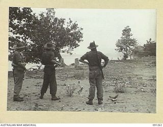 AITAPE-WEWAK SECTOR, NEW GUINEA. 1945-04-26. MEMBERS OF 2/3 INFANTRY BATTALION WATCHING ARTILLERY SHELLS LANDING ON WELUBI VILLAGE. THE BATTALION IS ADVANCING DOWN THE COAST SUPPORTED BY 2/4 ..