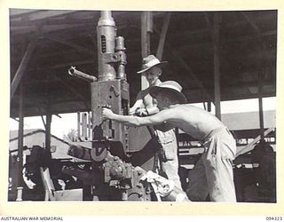 TOROKINA, BOUGAINVILLE. 1945-07-19. WARRANT OFFICER 2 J. WENDON (1) AND CORPORAL J. PRIEST (2), MEMBERS OF 16 ADVANCED ORDNANCE DEPOT, WORKING ON THE MAINTENANCE OF A BOFORS 40 MM ANTI-AIRCRAFT GUN