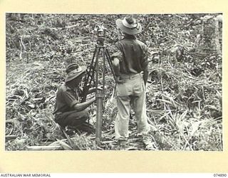 MILILAT, NEW GUINEA. 1944-07-22. NX164894 GUNNER J.J. CASEY (1) AND NX95251 BOMBARDIER K.L. LUTHERBORROW (2) OF THE 5TH SURVEY BATTERY, SURVEYING THE MILILAT SECTION OF THE MADANG-ALEXISHAFEN ROAD