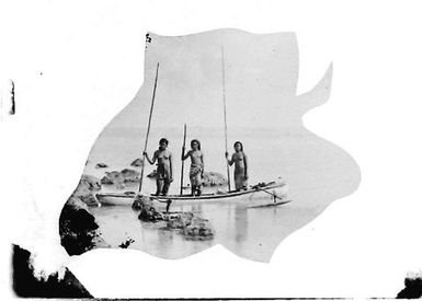 Three people in a canoe (vaka)