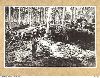 FINSCHHAFEN, NEW GUINEA. 1943-11-20. UNITED STATES TROOPS AT WORK GETTING A TRUCK OUT OF A BOG