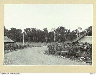 LAE, NEW GUINEA. 1945-08-14. THE ENTRANCE TO THE 2/7 GENERAL HOSPITAL. THE ADMINISTRATION BUILDINGS ARE SITUATED ON THE RIGHT AND THE COMPANY OFFICES ARE LOCATED ON THE LEFT