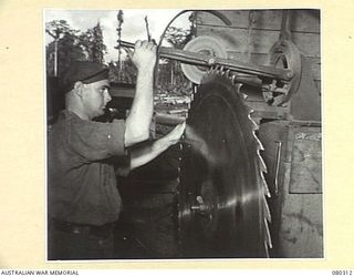 BUSU FOREST, LAE AREA, NEW GUINEA. 1944-07-26. GRINDING THE GULLETS OF A SAW AT THE 2/3RD FORESTRY COMPANY, ROYAL AUSTRALIAN ENGINEERS, WITH THE USE OF AN EMERY POWER GRINDER