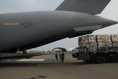 Hickam AFB, HI, May 17, 2008 -- FEMA supplies from the Pacific Distribution Center are loaded on a C-17 to provide requested aid to China following an earthquake there. FEMA is assisting other federal agencies with the international aid request. FEMA Photo/ Kenneth Tingman.