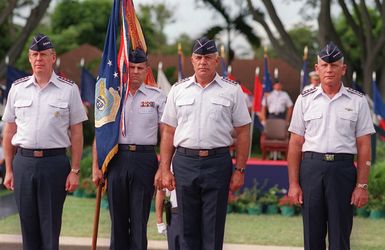 From left to right GEN. Thomas S. Mormon Jr., United States Air Force Vice CHIEF of STAFF; CHIEF MASTER SGT. Bruce Livesay, Pacific Air Forces SENIOR Enlisted Advisor, GEN. John G. Lorber, incoming commander and GEN. Robert L. Rutherford, outgoing commander await the Pacific Air Forces Change of Command ceremony to begin