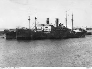 PORT BOW VIEW OF THE BRITISH CARGO STEAMER HANYANG WHICH TOOK PART IN THE MILNE BAY OPERATIONS IN 1942-09. SHE ALSO TOOK PART IN OPERATION LILLIPUT IN THE COURSE OF WHICH SHE WAS BOMBED AND DAMAGED ..