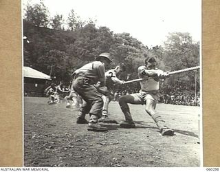 ELA BEACH, NEW GUINEA. 1943-11-13. THE 33RD AUSTRALIAN EMPLOYMENT COMPANY TEAM WINNING THE FIRST PULL IN THE TUG OF WAR CONTEST AT THE COMBINED SERVICES SPORTS CARNIVAL. SHOWN ARE: VX105874 CORPORL ..