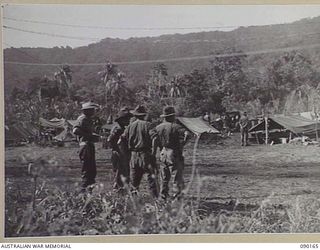 DAGUA, NEW GUINEA. 1945-03-30. MAJ-GEN J.E.S. STEVENS, GOC 6 DIVISION (1), AND OTHER OFFICERS WATCHING ARTILLERY FIRE AGAINST JAPANESE POSITIONS ON THE TORRICELLI MOUNTAINS ADJACENT TO THE ..