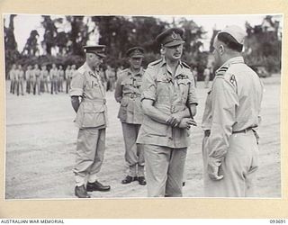 TOROKINA, BOUGAINVILLE, 1945-07-05. HIS ROYAL HIGHNESS, THE DUKE OF GLOUCESTER, GOVERNOR-GENERAL OF AUSTRALIA (3), SPEAKING WITH AIR COMMANDER G. ROBERTS, COMMANDING NEW ZEALAND AIR TASK FORCE PIVA ..