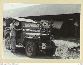 TOROKINA, BOUGAINVILLE. 1945-04-19. MISS O. BANKS (1), AND MISS S. GRAHAM (2), ASSISTANT SUPERINTENDENTS OF THE RED CROSS SOCIETY AT 2/1 GENERAL HOSPITAL, START OFF ON THEIR ROUND OF THE WARDS WITH ..