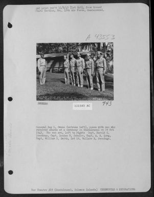 General Ray L. Owens (Extreme Left), Poses With Men Who Received Awards At A Ceremony On Guadalcanal On 19 Oct 1943. The Men Are, Left To Right: Capt. Harold G. Dreckman, Capt. Lucian B. Schuler, Capt. A.R. Long, Capt. William E. Smith, 1Lt Wallace R. Je (U.S. Air Force Number 121583AC)