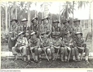 MADANG, NEW GUINEA. 1944-07-08. NON COMMISSIONED OFFICERS OF C COMPANY, 24TH INFANTRY BATTALION. IDENTIFIED PERSONNEL ARE:- SERGEANT W.J. POPE (1); V265240 SERGEANT R.J. STEVENS, DCM, (2); WARRANT ..