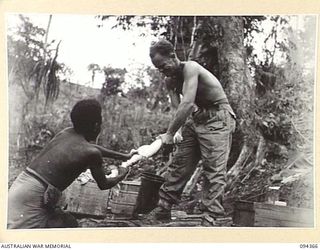 YAMIL 2, NEW GUINEA. 1945-07-20. PRIVATE D.R. HARTMANN-HUDSON, IN CHARGE OF LAUNDRY AT THE MAIN DRESSING STATION, 2/2 FIELD AMBULANCE (2) HELPING THE WASH-BOY TO WRING OUT SOME SHEETS
