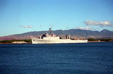 The dock landing ship USS ANCHORAGE (LSD-36) departs Naval Station, Pearl Harbor, to return to Naval Station, San Diego, Calif., following its deployment to the Persian Gulf region for Operation Desert Shield and Operation Desert Storm.