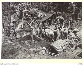 RABAUL, NEW BRITAIN. 1945-09-25. JAPANESE NAVAL PERSONNEL GUARDED BY A MEMBER OF 11 DIVISION PROVOST COMPANY WORKING HARD AT THE COMPOUND DIGGING UP CABLES