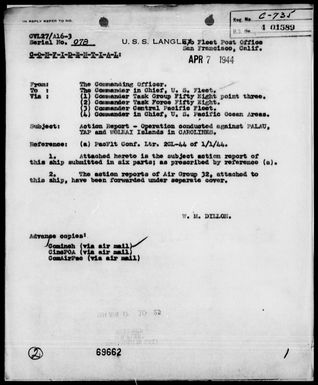 USS LANGLEY - Act Rep, Rep of Air Strikes Against Palau, Yap & Woleai Is & of Enemy Aircraft Attacks on TG-58.3, 3/29/44 – 4/1/44