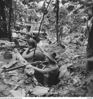 GOODVIEW, NEW GUINEA, 1943-08-07. DEFENCE GUN PITS OF THE 2/5TH BATTALION PIONEERS ON THE KOMIATUM TRACK ALONG BUIGAP CREEK. SHOWN ARE, FRONT TO REAR:- VX11859 PRIVATE L. MCDONALD; NX73355 PRIVATE ..