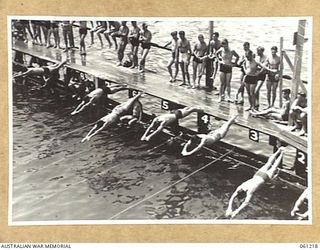 PORT MORESBY, NEW GUINEA. 1943-11-28. START OF THE 100 YARDS FREESTYLE FINAL AT THE ALLIED SERVICES GRAND SWIMMING CARNIVAL