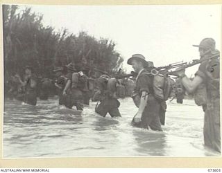 MALAS RIVER, NEW GUINEA. 1944-05-27. FORWARD TROOPS OF THE 35TH INFANTRY BATTALION CROSS THE SWIFT FLOWING RIVER DURING THEIR ADVANCE TOWARDS WEWAK. IDENTIFIED PERSONNEL ARE:- N401162 PRIVATE ..