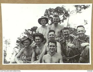 MILNE BAY, NEW GUINEA, 1943-07-12. TROOPS OF THE 5TH AUSTRALIAN ARMY TROOP COMPANY, ROYAL AUSTRALIAN ENGINEERS, AIF. LEFT TO RIGHT:- BACK ROW:- VX135614 DRIVER C.E. JEANES; Q14335 SAPPER C.J. ..