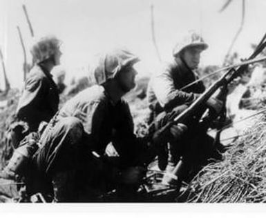 [Three U.S. Marines on Roi Island]