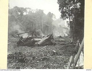 GABENSIS, NEW GUINEA. 1944-03-02. STUMP GRUBBING WITH A BULLDOZER ALONG A RAIN FOREST SECTION OF THE WAU - LAE ROAD. NATIVES IN THE BACKGROUND ARE PICTURED BURNING OUT STUMPS