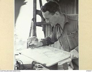 SIO, WEST NEW GUINEA. 1944-01-24. NX112681 LIEUTENANT E.A. VALENTIN (1) THE BATTALION INTELLIGENCE OFFICER IS PICTURED PLOTTING HIS PATROLS AND BRINGING HIS MAP UP TO DATE. THE 4TH INFANTRY ..