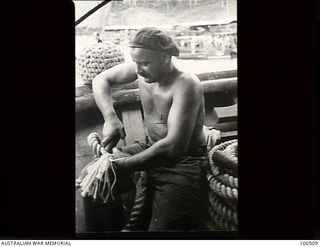 Port Moresby, New Guinea. 1944-06-15. An informal portrait of Lance Corporal H. Albertsen, 12 Water Transport Operating Company, Royal Australian Engineers (RAE), splicing a heavy rope aboard the ..