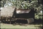 Canoe house with small canoe inside, beside a house with corrugated metal roof