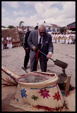 King Tuafa'ahau Tupou IV lays first concrete for new Tongan Free Wesleyan Church, Vaine Mo'onia, Grey Lynn, Auckland