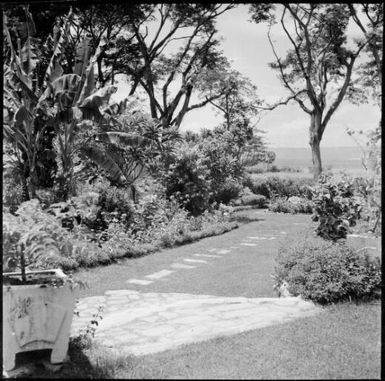 View towards the harbour from the Chinnery garden with a  square pot and clamshell birdbath, Malaguna Road, Rabaul, New Guinea, ca. 1936 / Sarah Chinnery